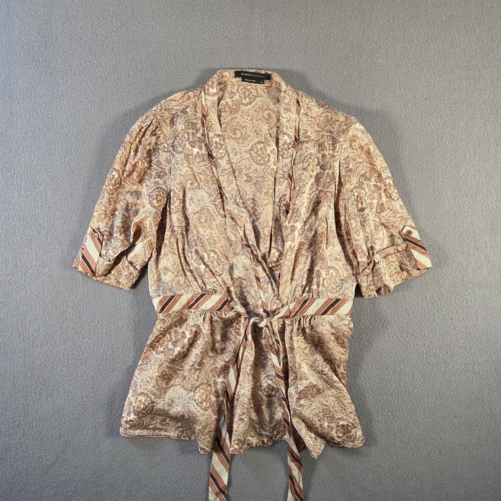 BCBG Maxazria Top Womens Medium Pink Silk Paisley Wrap Belted Kimono